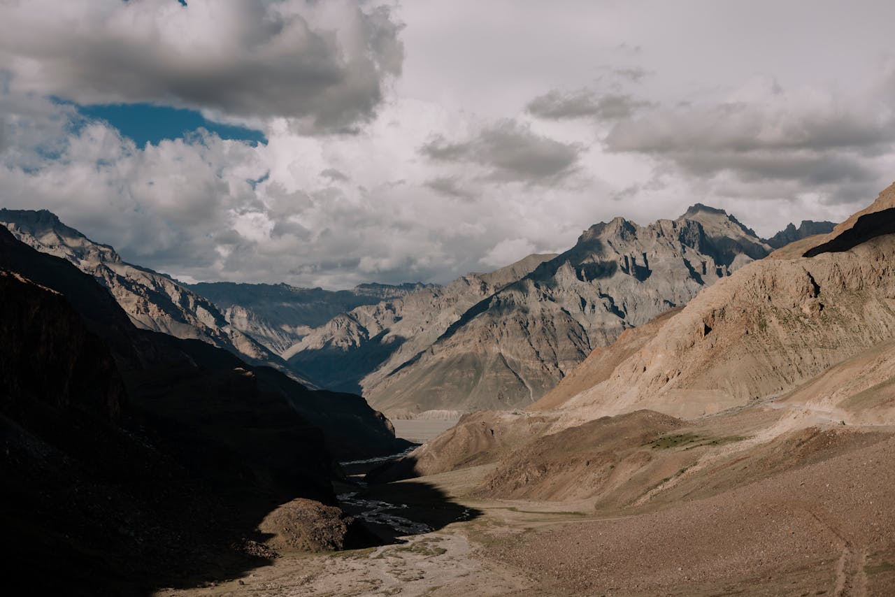 Breathtaking view of the rugged mountains in Spiti Valley, Himachal Pradesh, India.